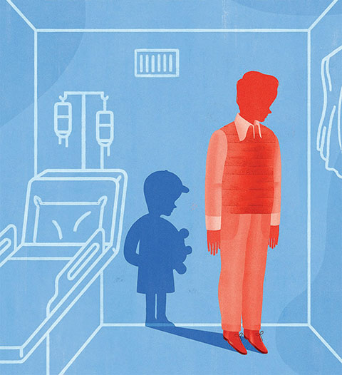 Illustration of a man with the shadow of a boy in a hospital room