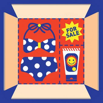 Illustration of an open box with a bikini set, sunscreen lotion bottle and "For Sale" sign inside
