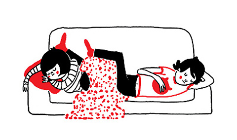 Illustration of two people napping on a couch from Philippa Rice's graphic novel, Soppy