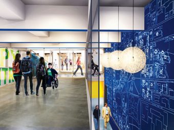 Artist rendering of interior corridor of new Student Commons, with a copy centre depicted on the left