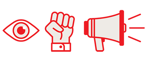 Illustration of an eye (left), a closed hand (middle), a megaphone (right)