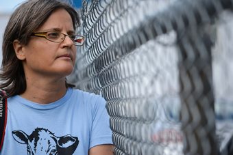 Close up of Anita Kranjc in a blue T-shirt with a cow illustration, looking through a wire fence