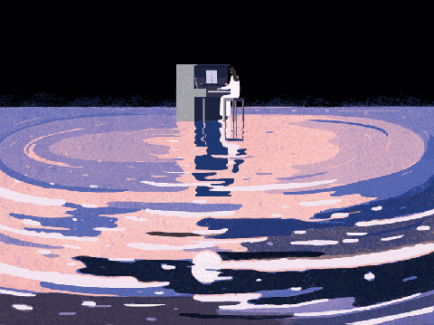 Illustration of a woman playing the piano in the middle of a pool of water.
