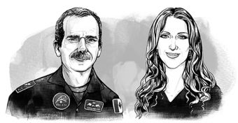 Illustrations of astronaut Chris Hadfield and singer Celine Dion.
