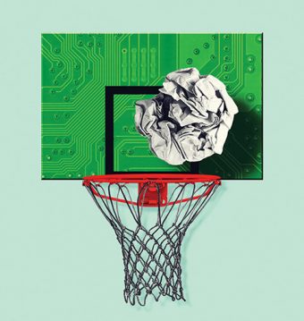 Illustration of a crumpled paper ball falling into a basketball net with a circuit board as the backboard.