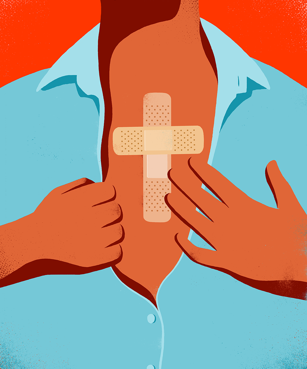 Illustration of a man with bandages in the shape of a cross on his chest