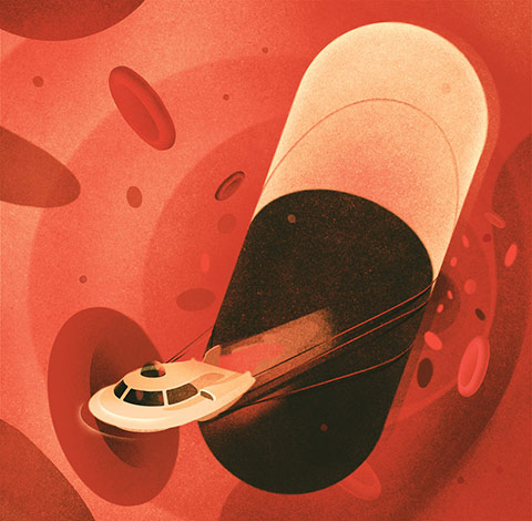 Illustration of a spaceship-like vehicle towing a gigantic pill while navigating around red blood cells inside a blood vessel.