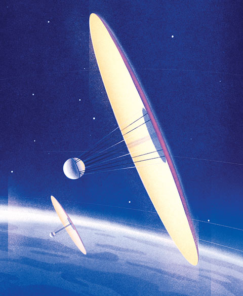 Illustration of two spherical spacecrafts in orbit, each attached to a gigantic disc-like solar sail.