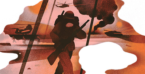 Illustration of an armed soldier upfront and helicopters, smoke and running soldiers in the background.