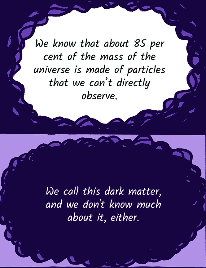 We know that about 85 per cent of the mass of the universe is made of particples that we can't directly observe. We call this dark matter, and we don't know muhc about it, either.