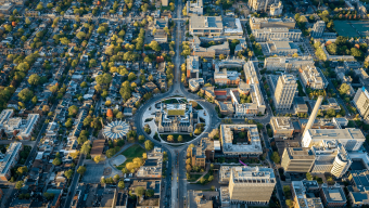 Aerial photo of Toronto with Daniels Building as the focal point.