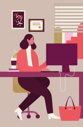 Illustration of a woman sitting at her desk in her corporate office