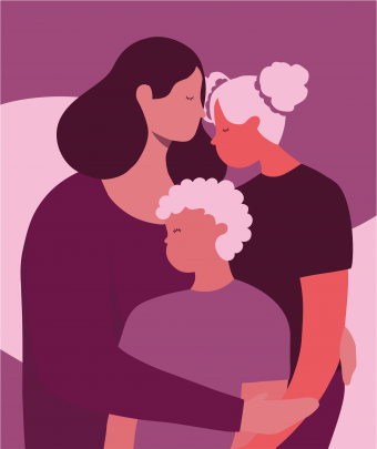 Illustration of a woman hugging her two children