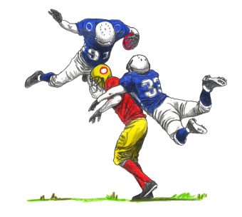 Two football players leaping to tackle a third