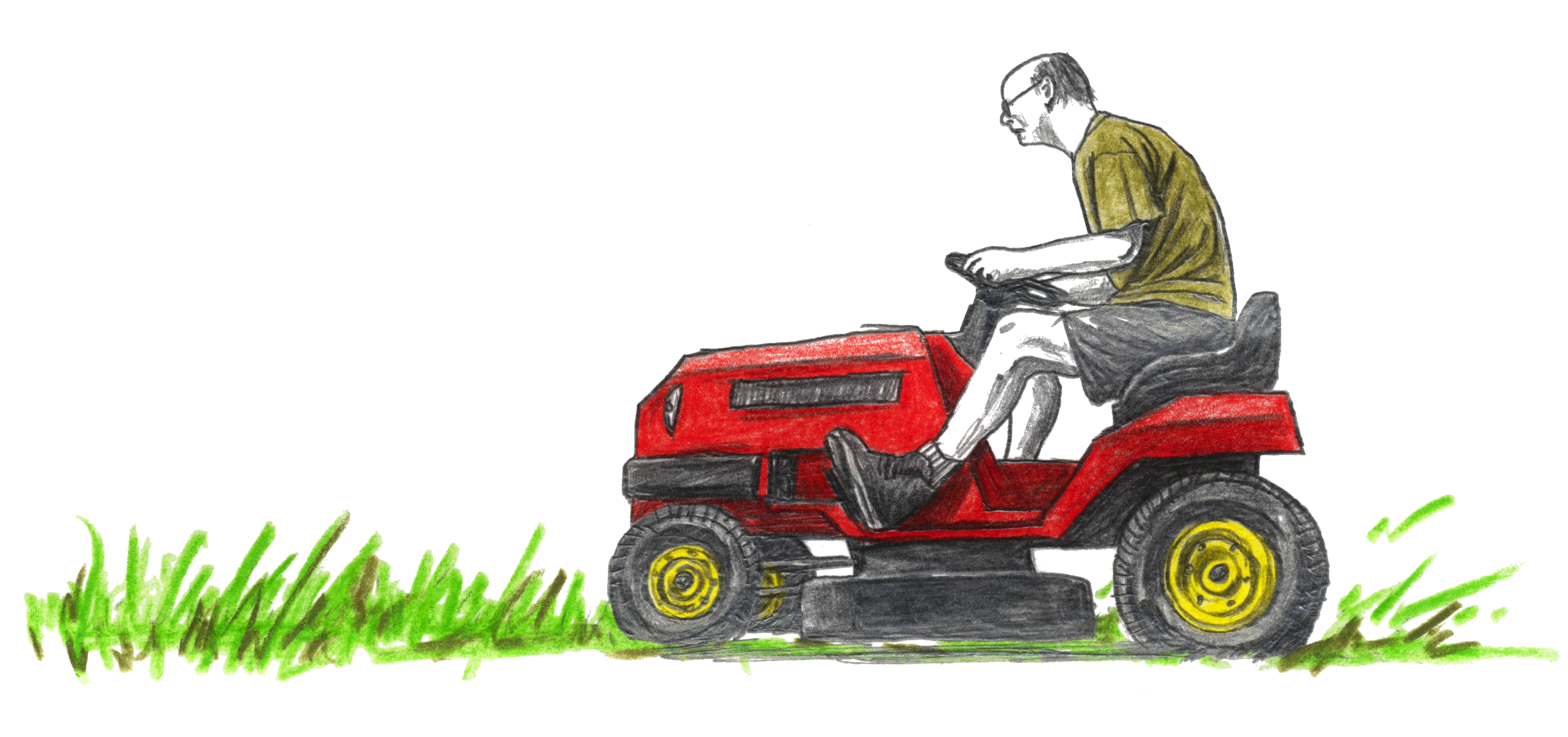 Illustration of an elderly man riding a lawnmower