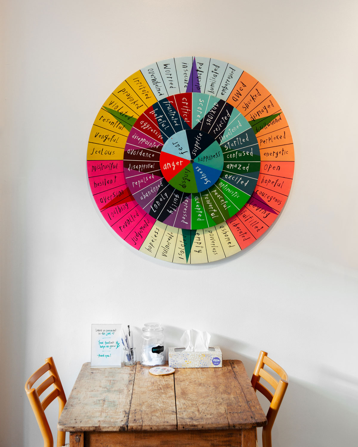 A colourful, three-tiered 'Wheel of Emotion' – where anger, sadness and fear sit at the centre – hangs on the wall at Hard Feelings in Toronto