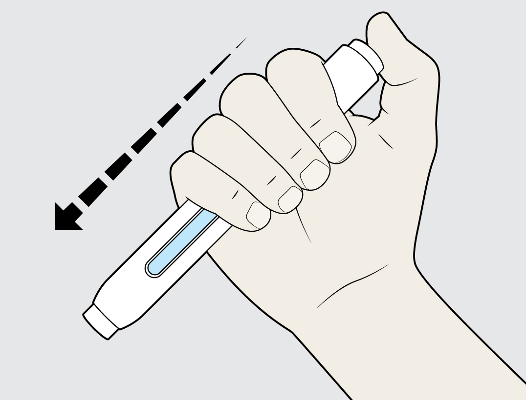 An illustration of a hand holding an auto-injector — a needle preloaded with naloxone