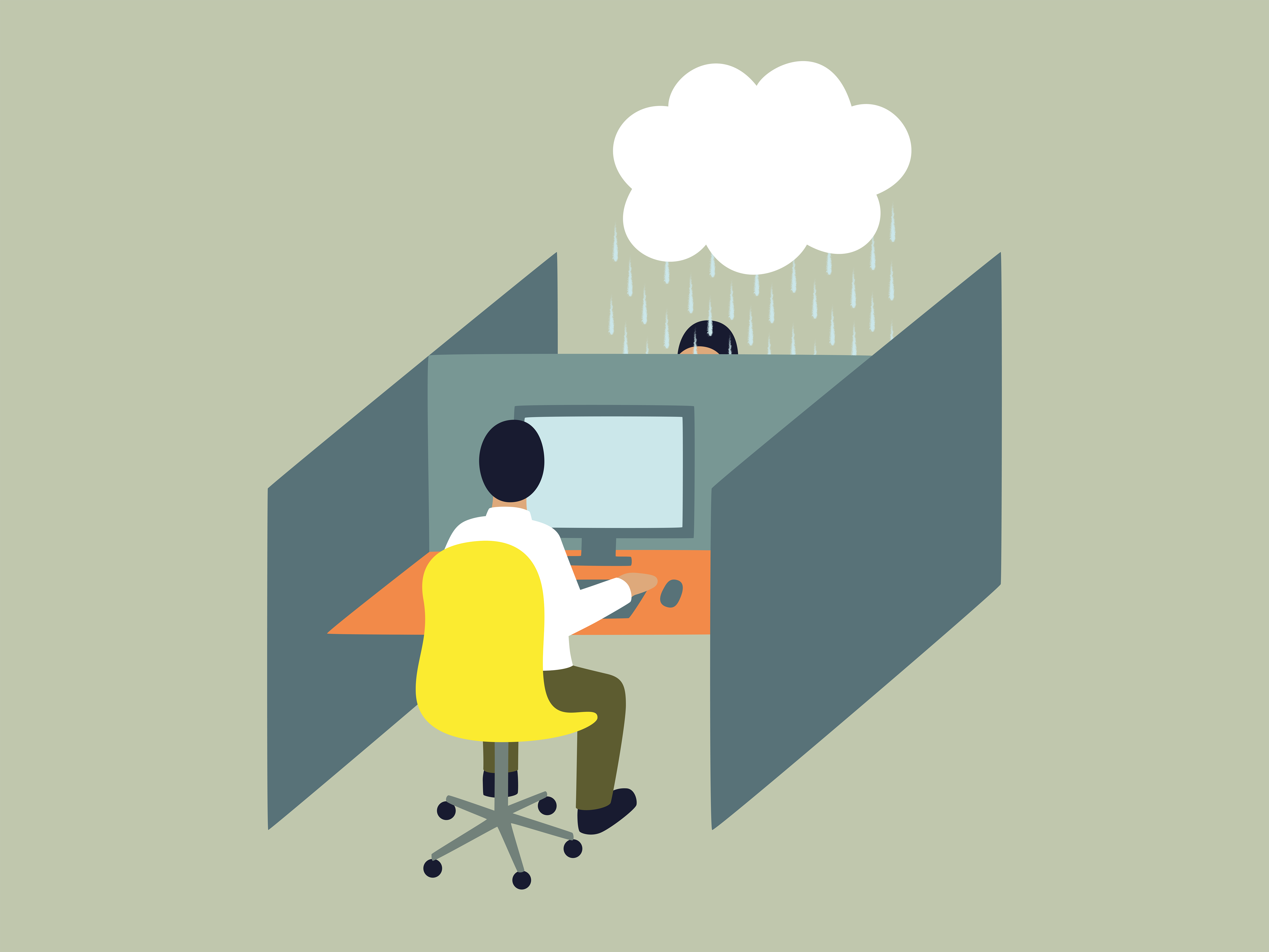 Illustration of a person in a cubicle. The neighbouring cubicle shows another person with a cloud above their head, signifying mental illness.