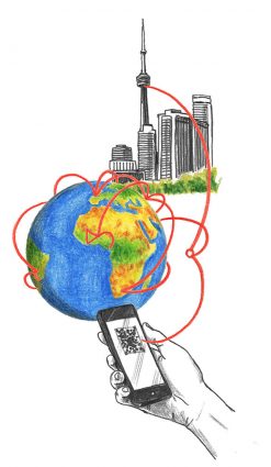 Illustration of the CN Tower, the world and a mobile phone with lines connecting all three