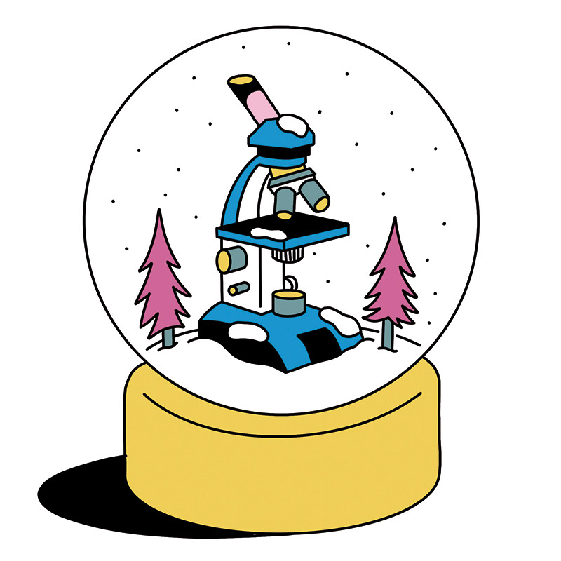 A microscope inside a snow globe with pine trees