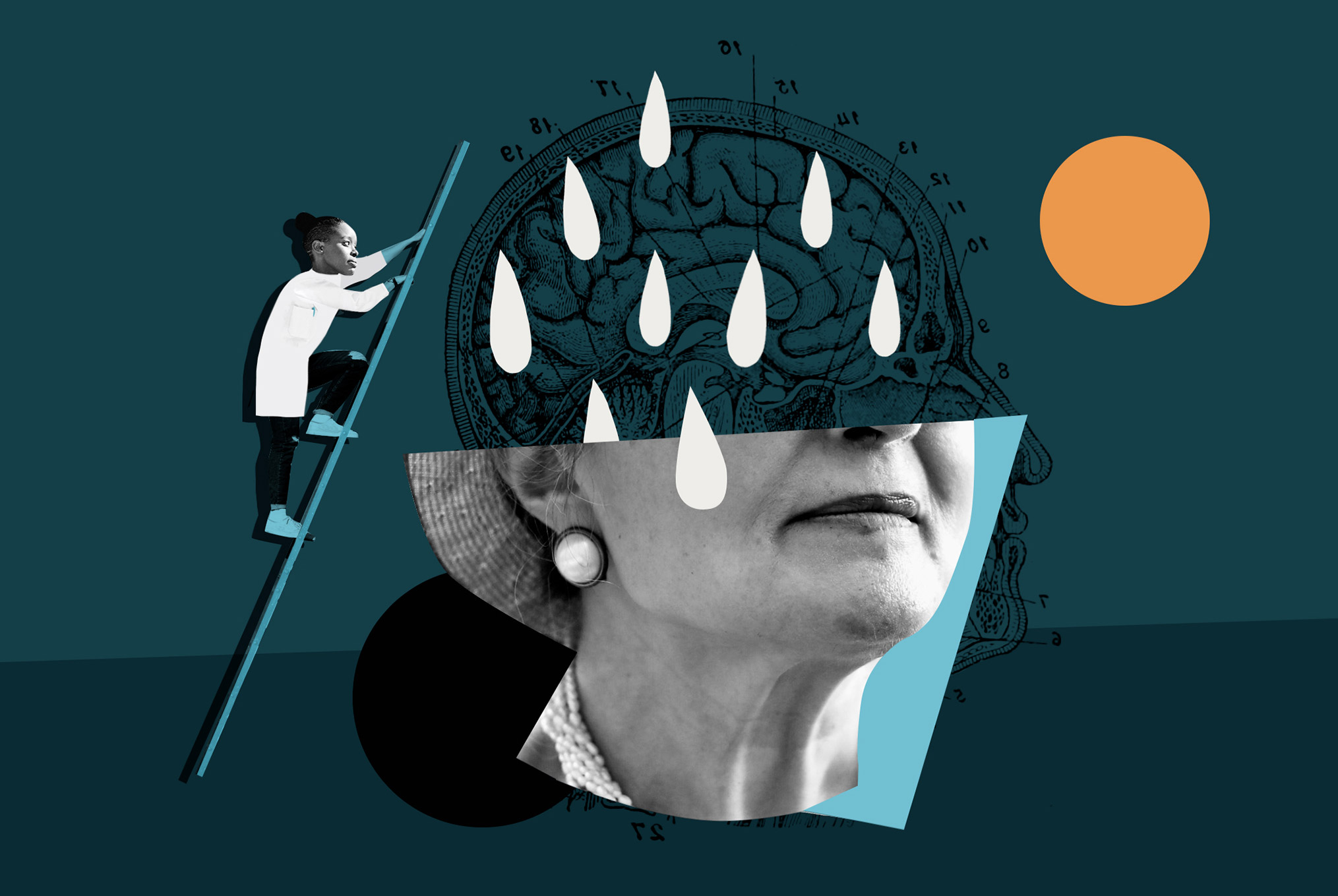 Conceptual illustration depicting a researcher examining the mind in darkness/depression