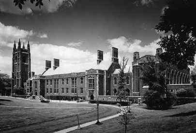 Black and white photo of front exterior of Hart House and Soldiers' Tower from the 1920s