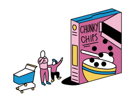A parent figure standing next to a child, who is pointing to a giant-sized box of "Chunky Chips" cereal