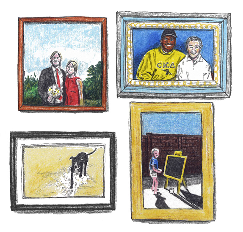 Four framed portraits of a married couple, two friends, a dog and a child