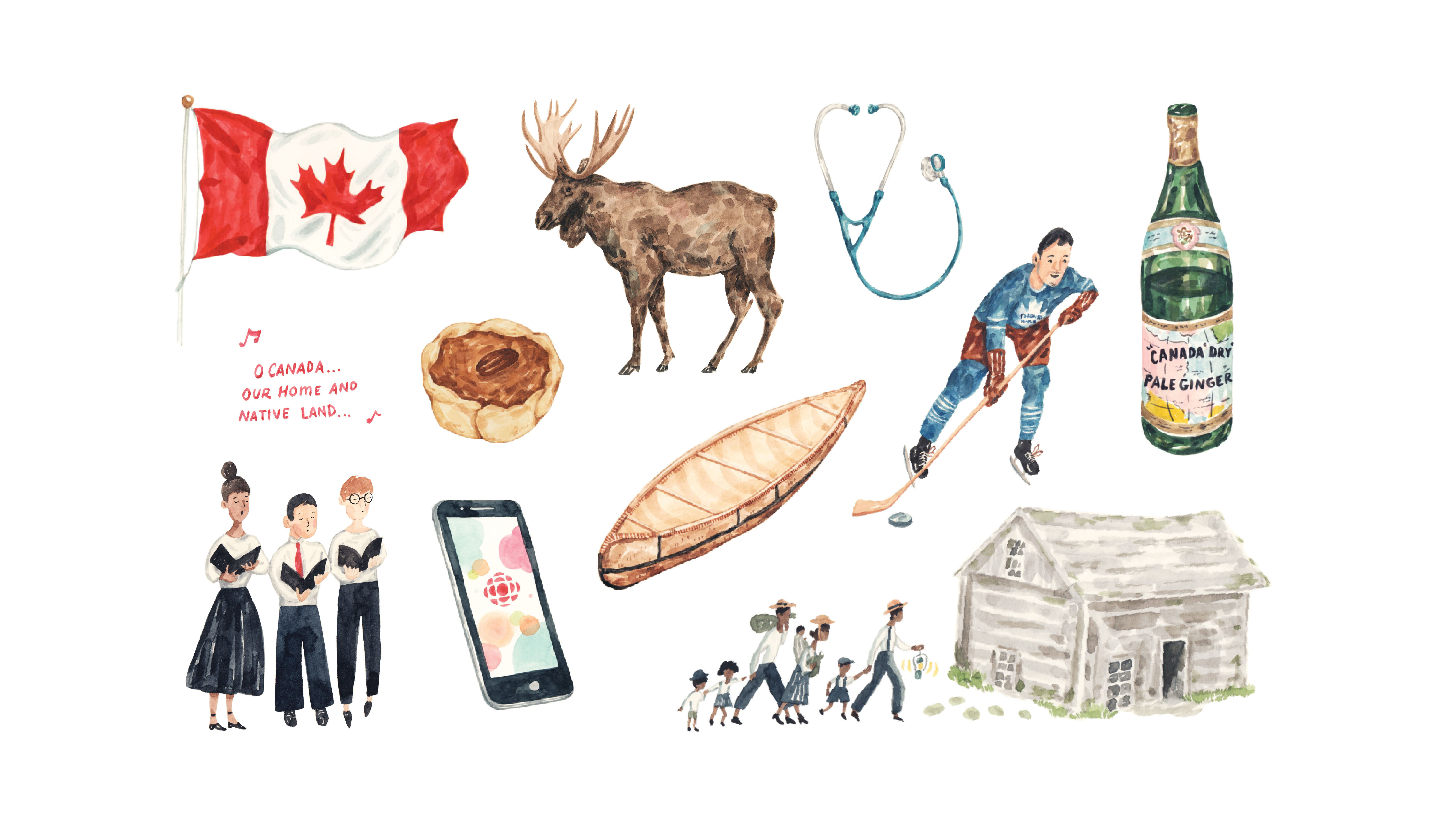 Illustrations of a Canadian flag, a moose, a stethoscope, a hockey player, a Black family heading toward a log cabin, a butter tart, a smartphone with the CBC logo, a birch bark canoe, and a choir singing O Canada
