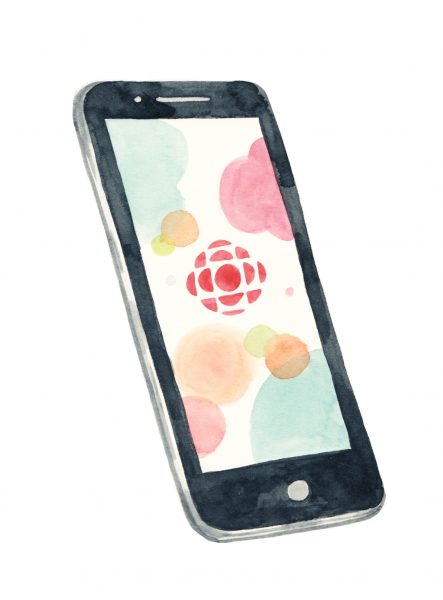A smartphone with the CBC logo on the screen