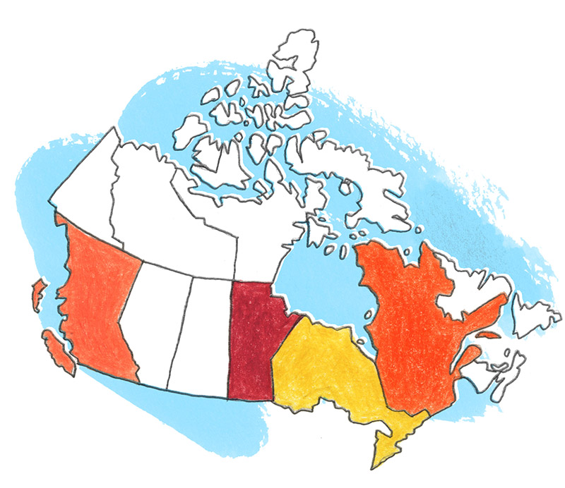 Map of Canada with British Columbia and Quebec coloured in orange, Manitoba in red and Ontario in yellow