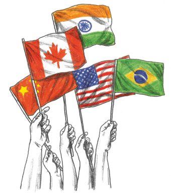 Five hands holding the national flags of Canada, U.S., China, India and Brazil