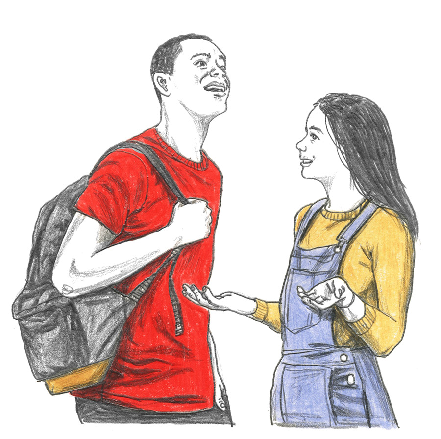 A young man in a red shirt who is carrying a backpack smiles as a young woman wearing overalls and a yellow top is talking to him