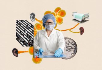 A collage showing a researcher working in the lab, a hospital bed, orange cells attached to human ears, a culture growing in a petri dish and people walking on a striped road