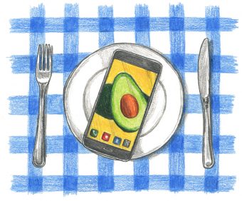 A fork, plate and knife are set out over a blue and white checkered tablecloth, with a cellphone on top of the plate with a picture of an avocado on the screen