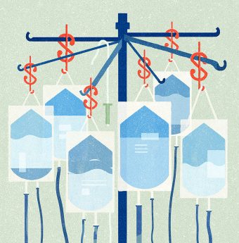 IV bags hanging from dollar signs that are, in turn, hanging from an IV pole