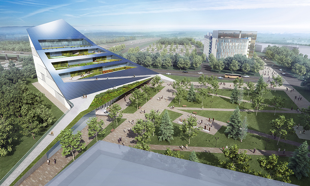 Artist rendering of a vertical farm surrounded by green spaces