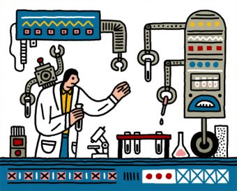 Illustration of a scientist in a lab with AI machines, one of which is pipetting liquid into test tubes