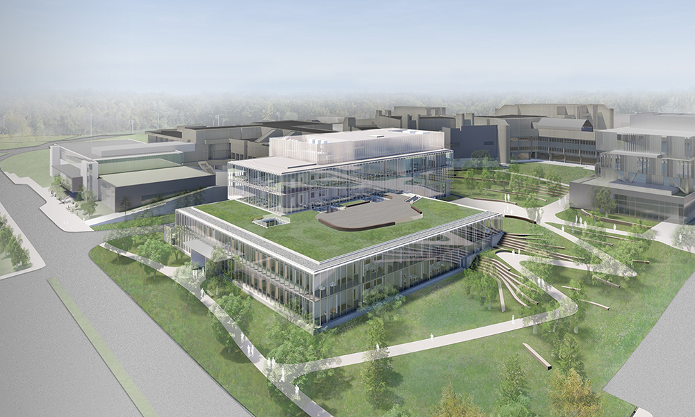 Artist rendering of UTM's Science Building showing a green roof and green spaces surrounding the building