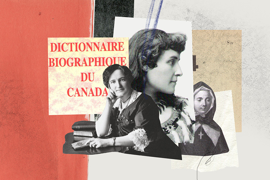 A collage of images of three women from different time periods, with the right image being an illustration of a nun; on the left of the images are the words "Dictionnaire Biographique du Canada"