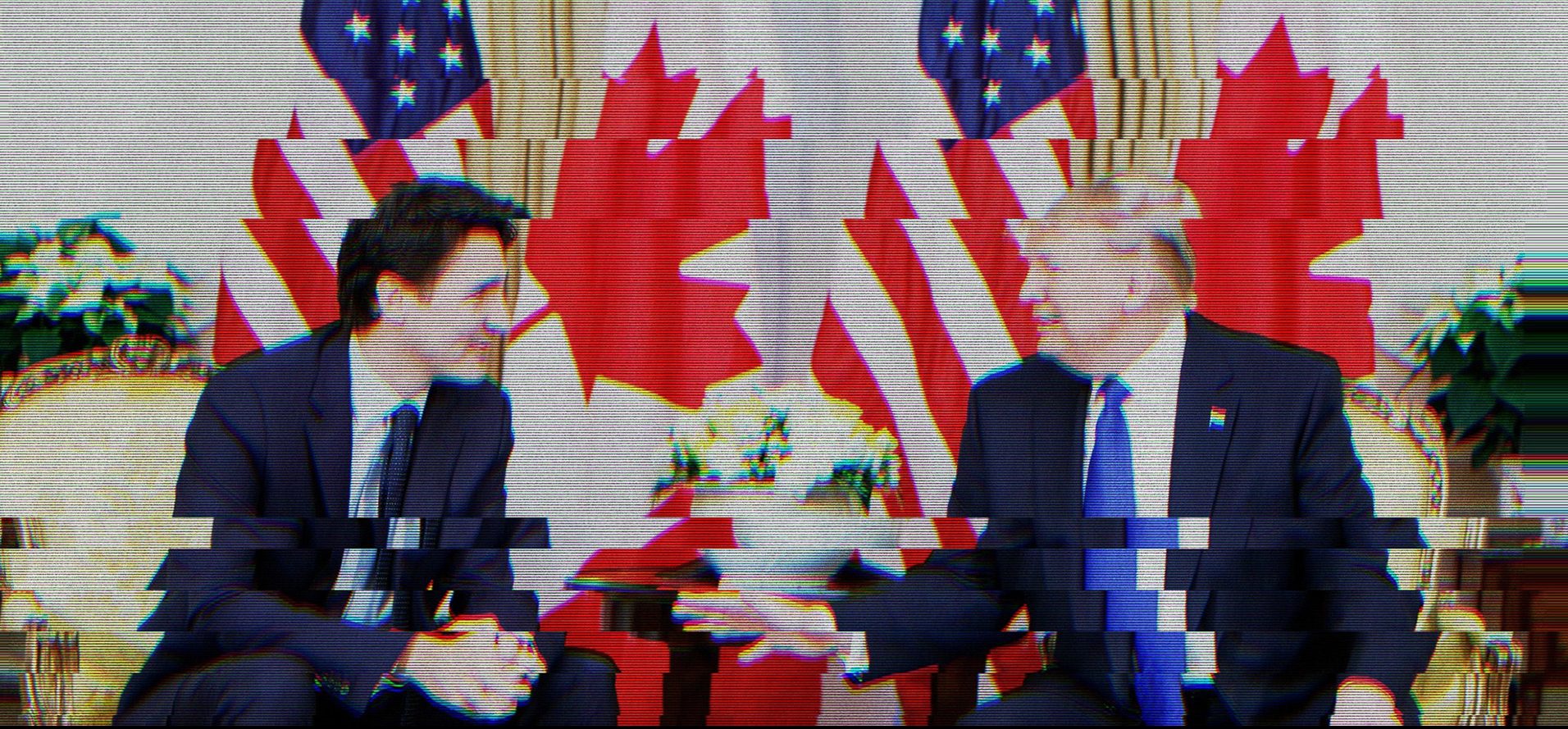 Staticky image of Prime Minister Justin Trudeau and President Donald Trump in discussion, seated in front of large, alternating Canadian and American flags