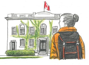 An illustration of a woman standing in front of U of T's Faculty Club