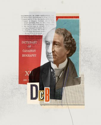 A collage containing an illustration of Sir John A. Macdonald with "DCB" underneath and "Dictionnaire Biographique du Canada XII 1891 to 1900" to the left of the illustration