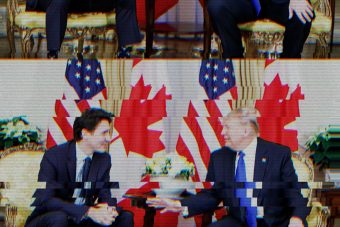 Staticky TV screen image of Prime Minister Justin Trudeau and President Donald Trump in discussion, seated in front of four large, alternating Canadian and American flags, with their legs displaced to the top of the image