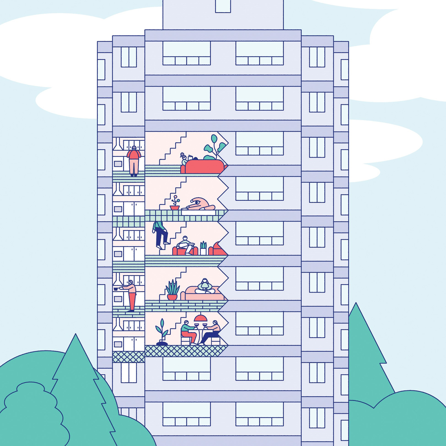 A condo building with a cutaway showing people doing energy-conserving things
