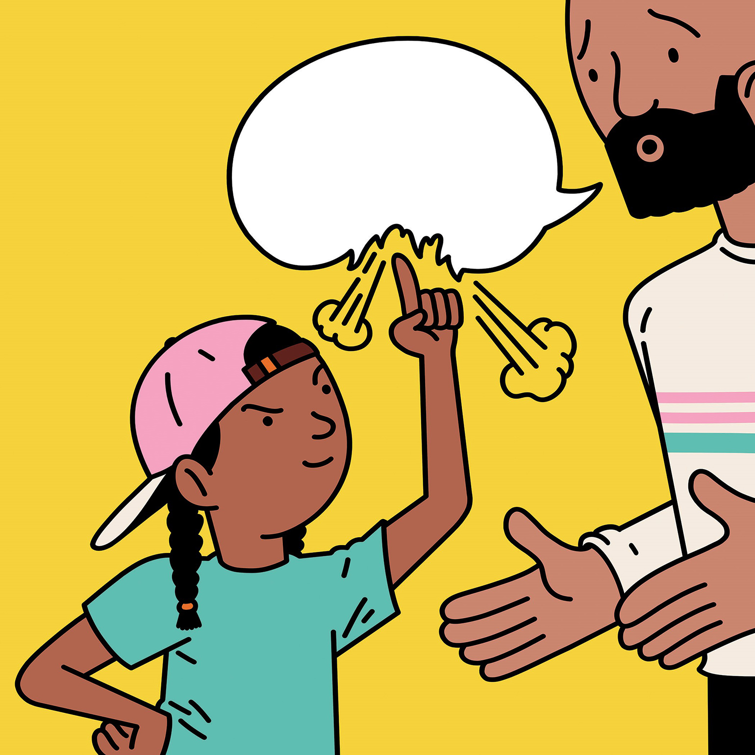 Illustration of a child popping her father's speech bubble