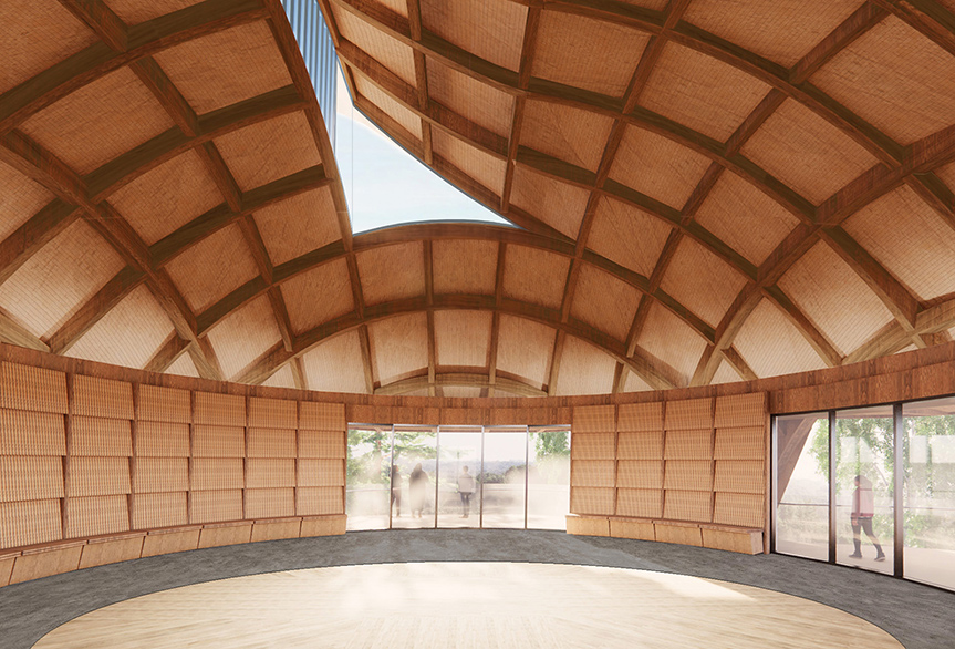 Artist rendering of the interior of the large circular gathering room in the Indigenous House