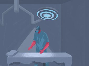 Illustration of a large circular lamp shining down on a doctor wearing a virtual reality headset and holding his arms above an empty operating room bed