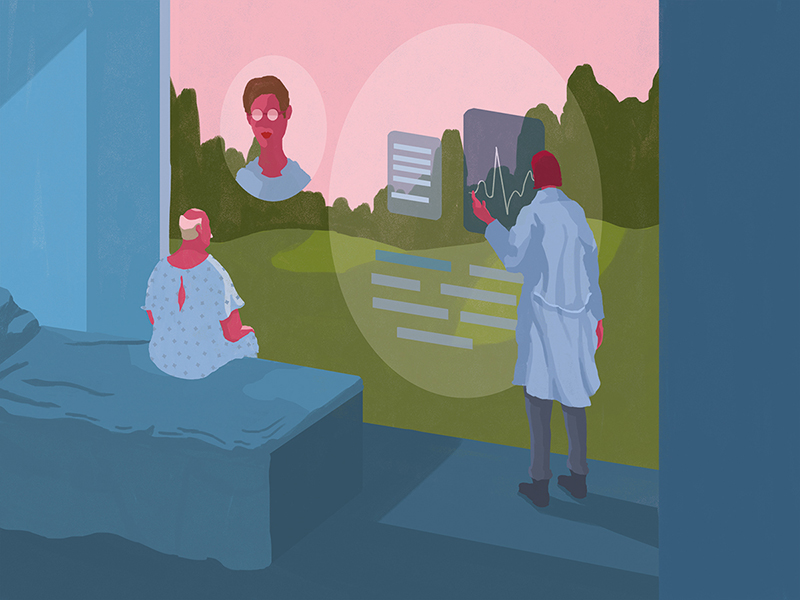 Illustration of a female doctor presenting a graph to an elderly male patient on a hospital bed. The graph and other data are depicted overlaying a green field on a large screen.