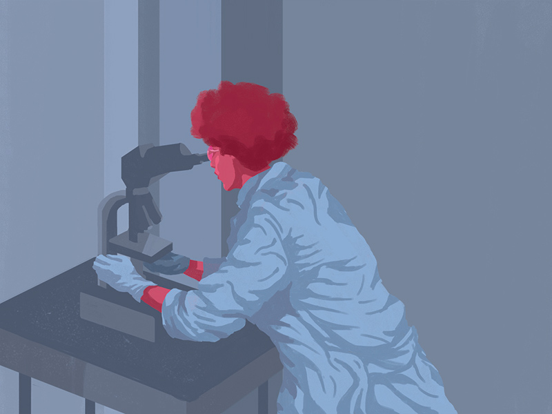 Illustration of a woman in a lab coat looking into a microscope